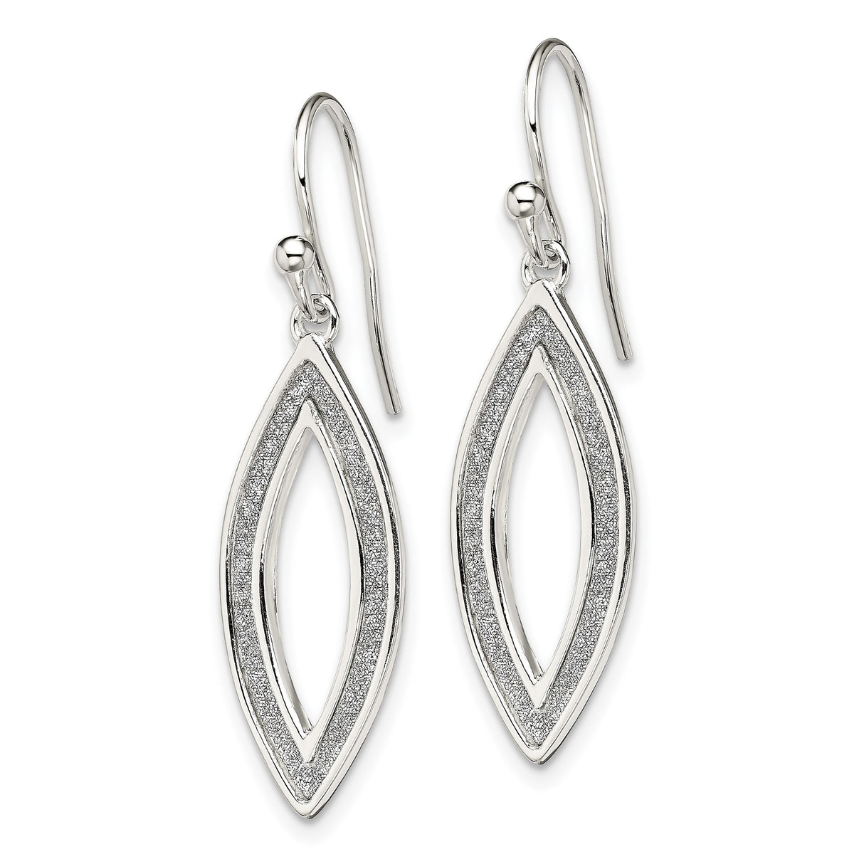 Sterling Silver Dangle Earrings with Double Open Leaf Design and Textured Inner Border