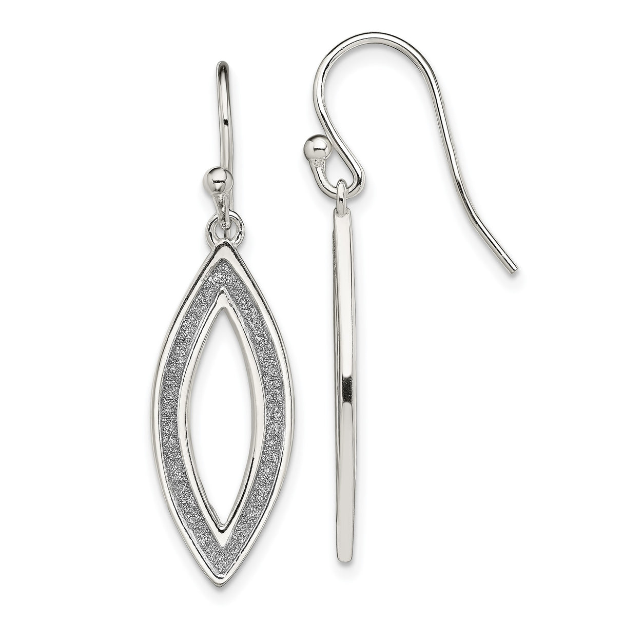 Sterling Silver Dangle Earrings with Double Open Leaf Design and Textured Inner Border
