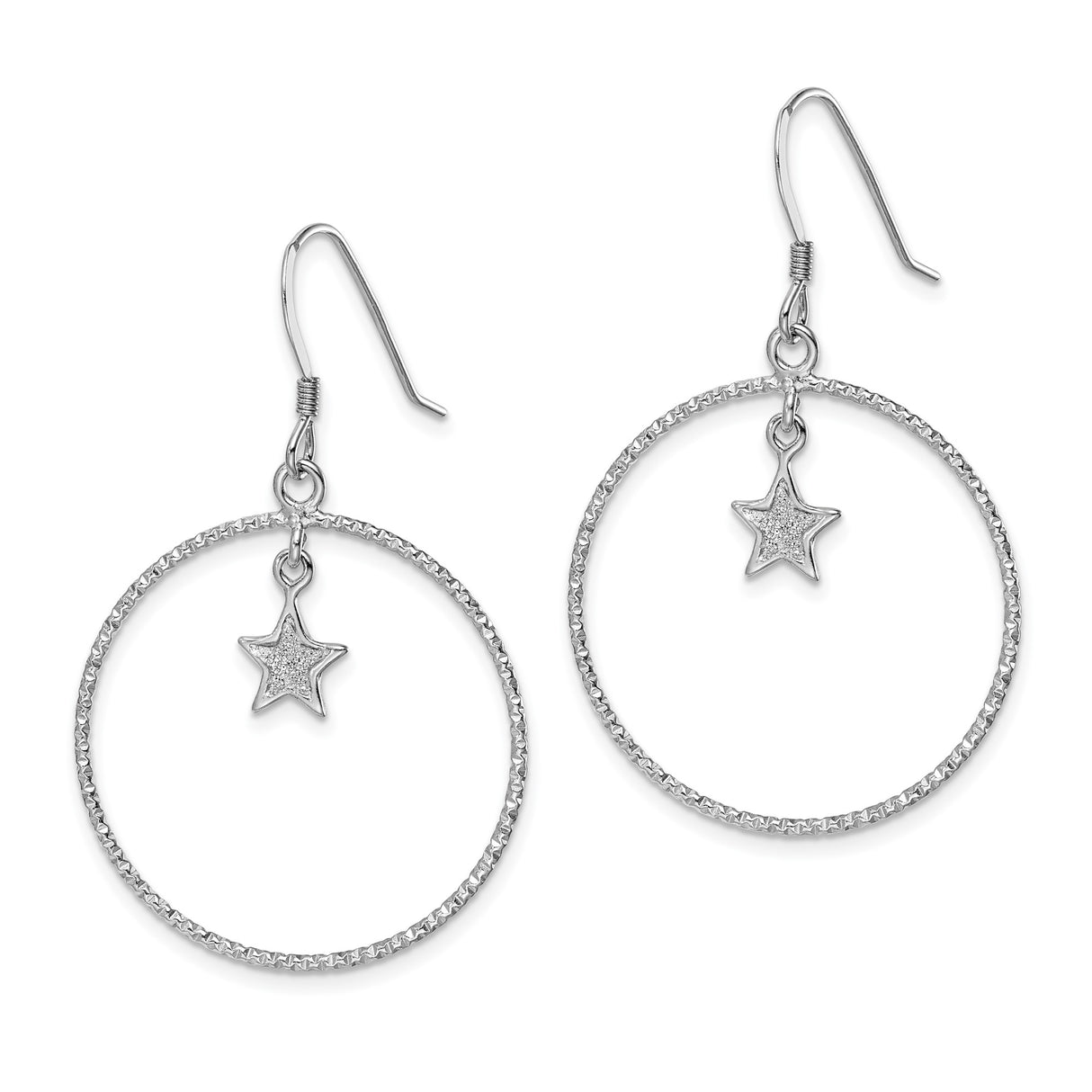 Sterling Silver Dangle Hoop Earrings with Textured Circles and Star Charm, Celestial Design