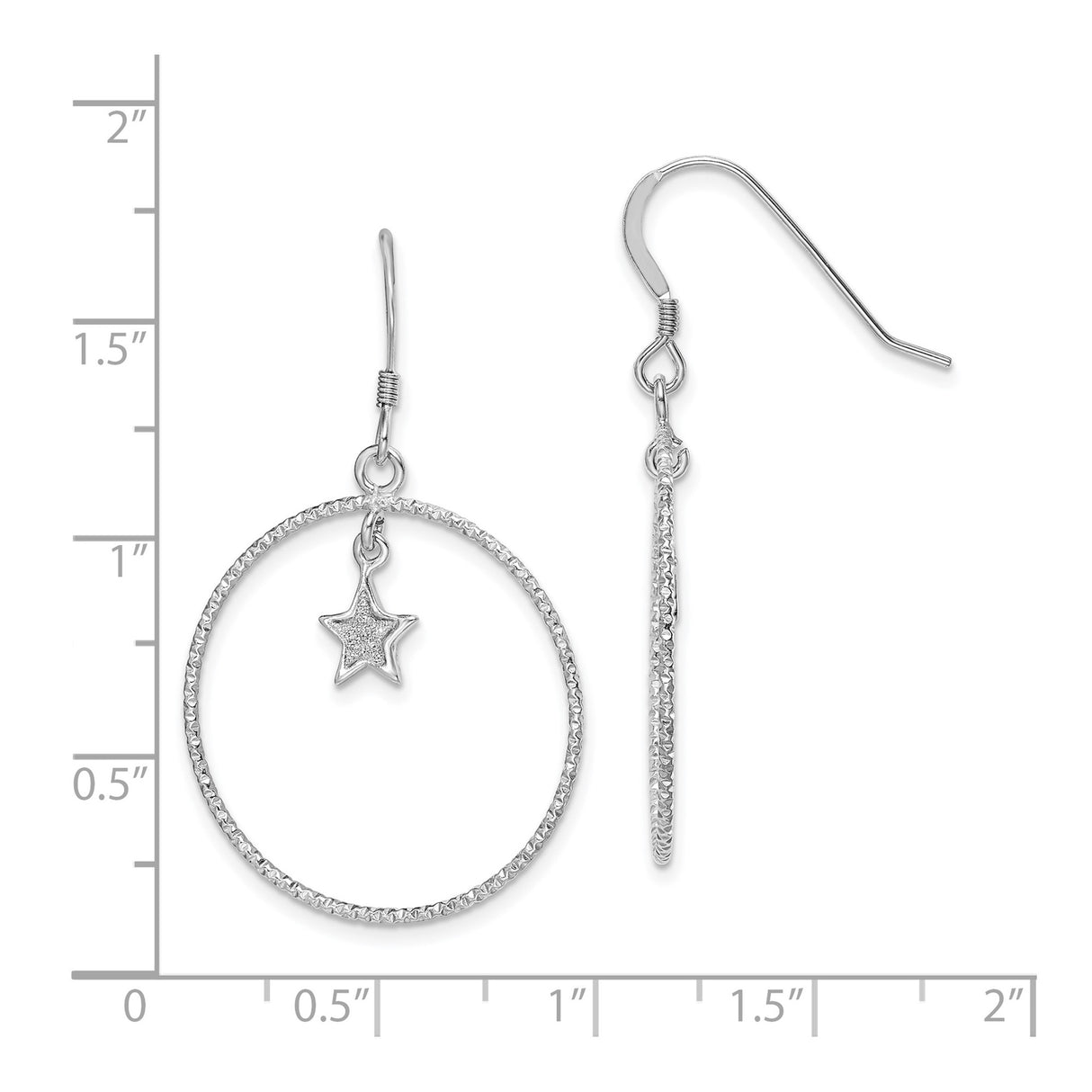 Sterling Silver Dangle Hoop Earrings with Textured Circles and Star Charm, Celestial Design