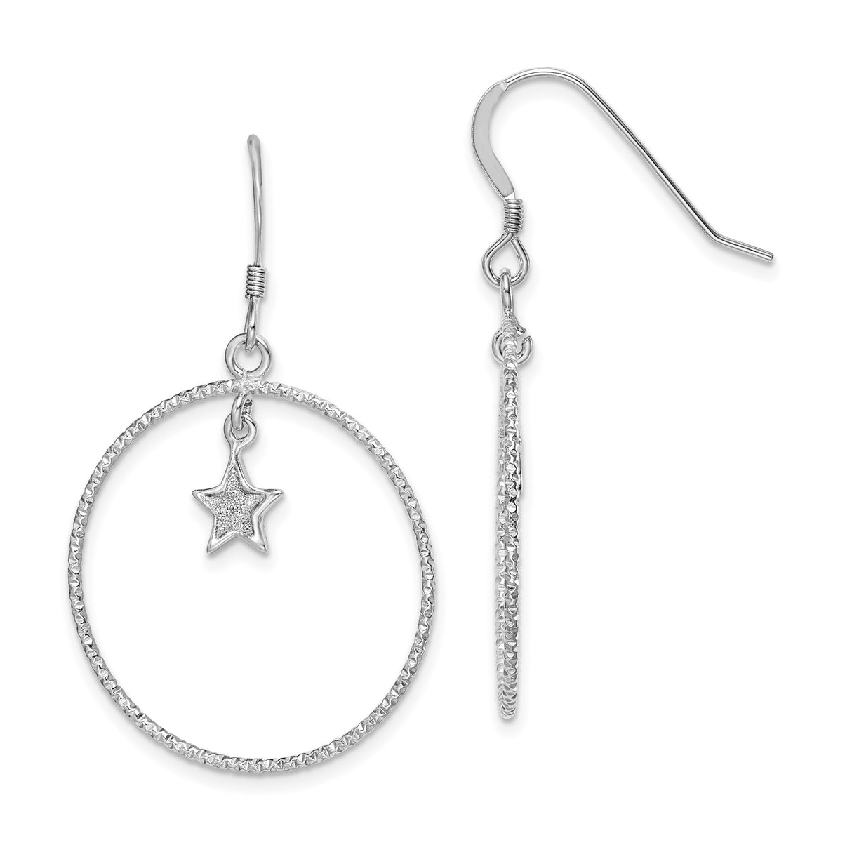 Sterling Silver Dangle Hoop Earrings with Textured Circles and Star Charm, Celestial Design