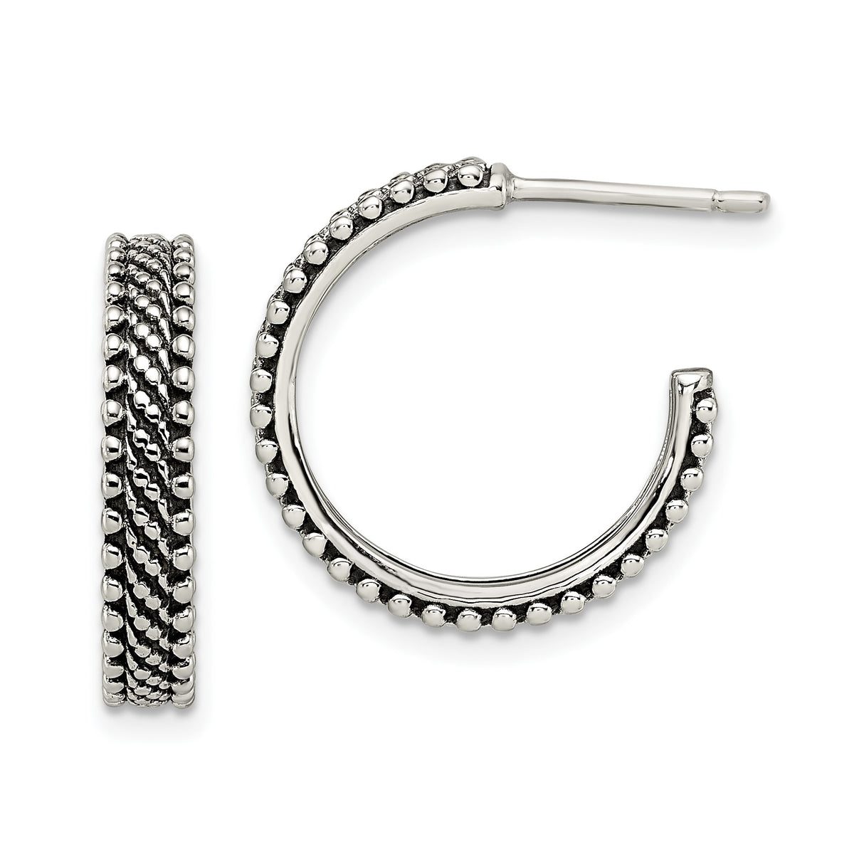 Sterling Silver Hoop Earrings with Beaded Edge and Twisted Rope Design, Vintage Boho Style