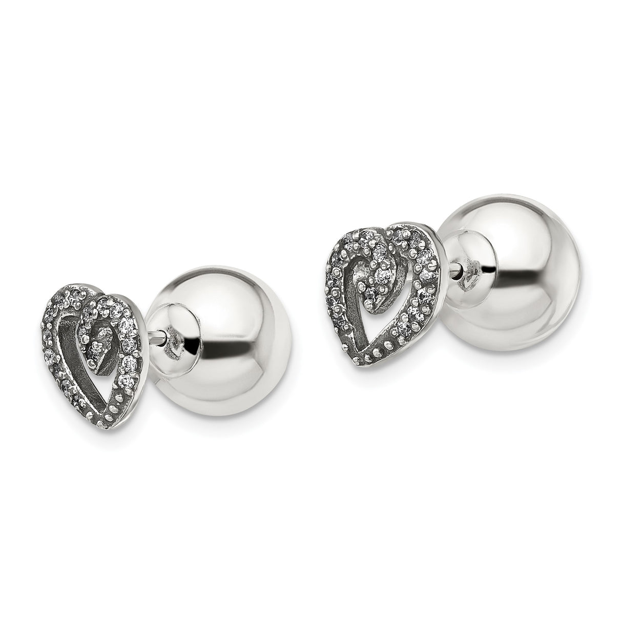 Sterling Silver Heart Stud Earrings with Cubic Zirconia Pavé Design
