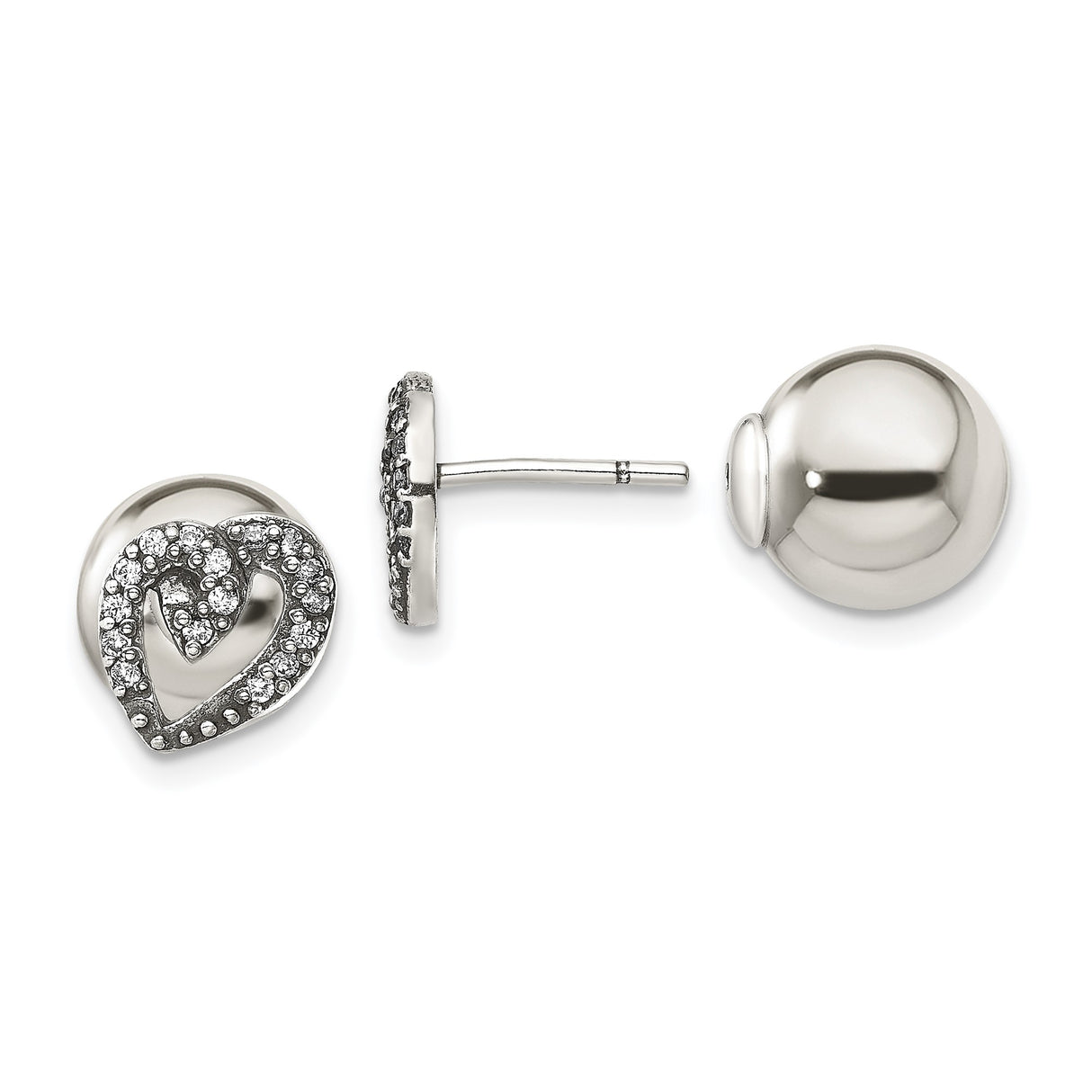 Sterling Silver Heart Stud Earrings with Cubic Zirconia Pavé Design