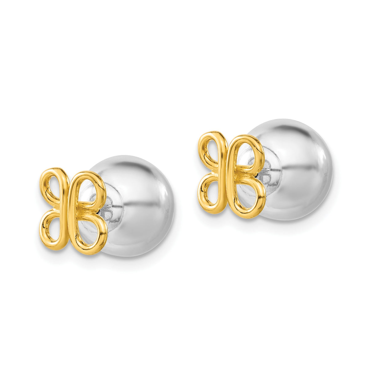 Sterling Silver Stud Earrings with Polished Sphere and Gold Plated Butterfly or Bow Design