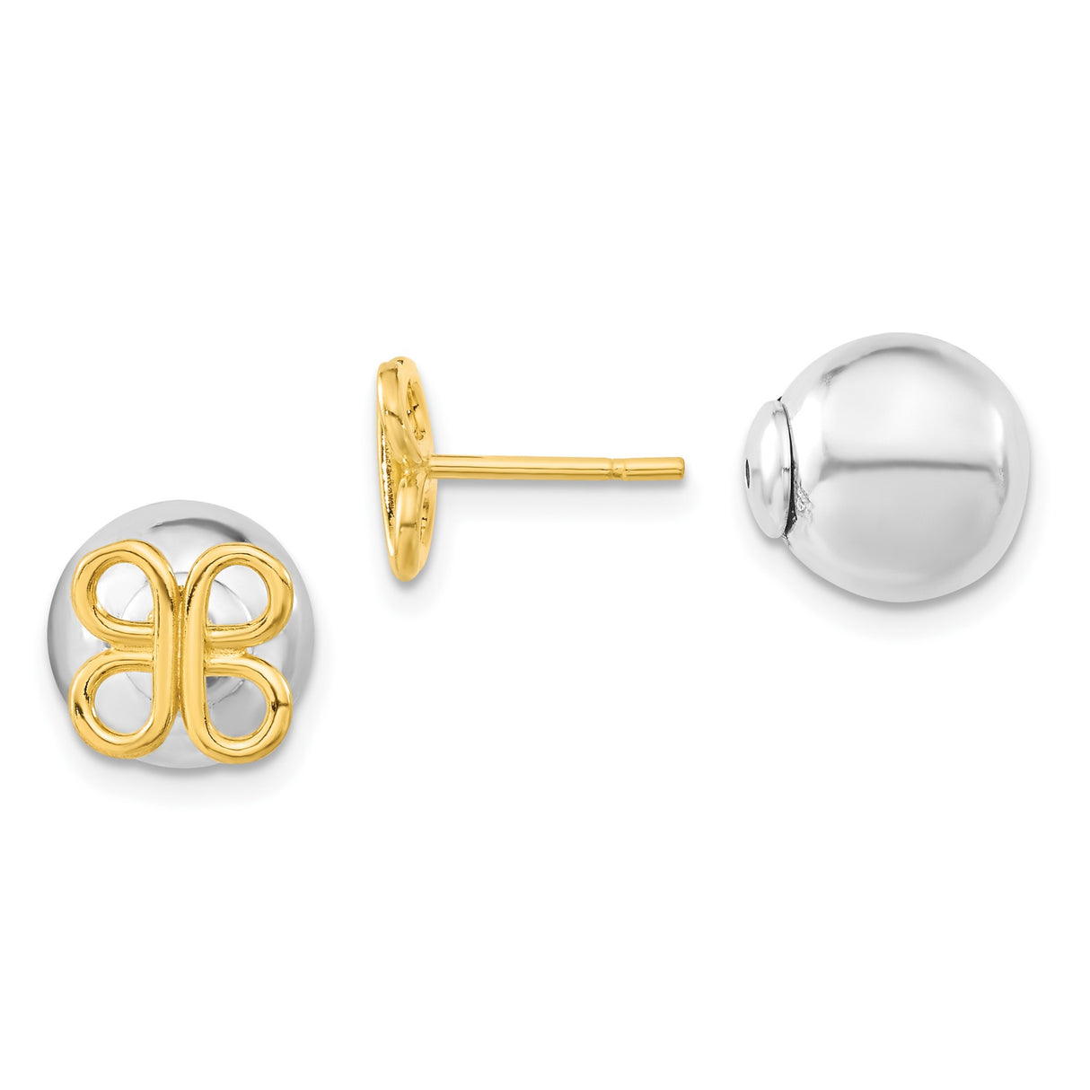 Sterling Silver Stud Earrings with Polished Sphere and Gold Plated Butterfly or Bow Design