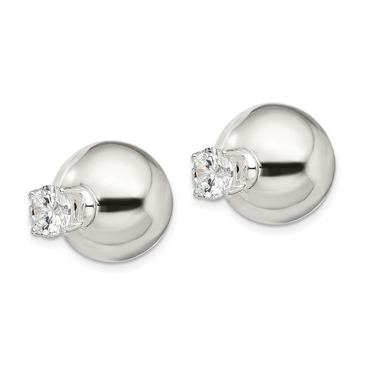 Sterling Silver Stud Earrings with Cubic Zirconia Center, Polished Dome Design for Women