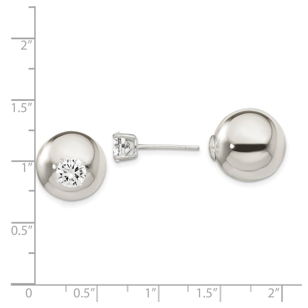Sterling Silver Stud Earrings with Cubic Zirconia Center, Polished Dome Design for Women