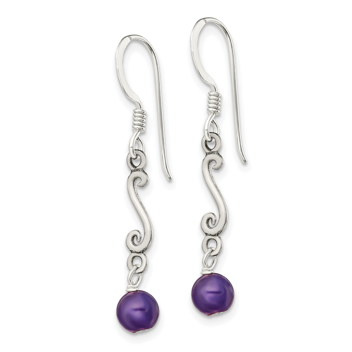 Sterling Silver Dangle Earrings with Amethyst, Swirl and Textured Bar Vintage Design