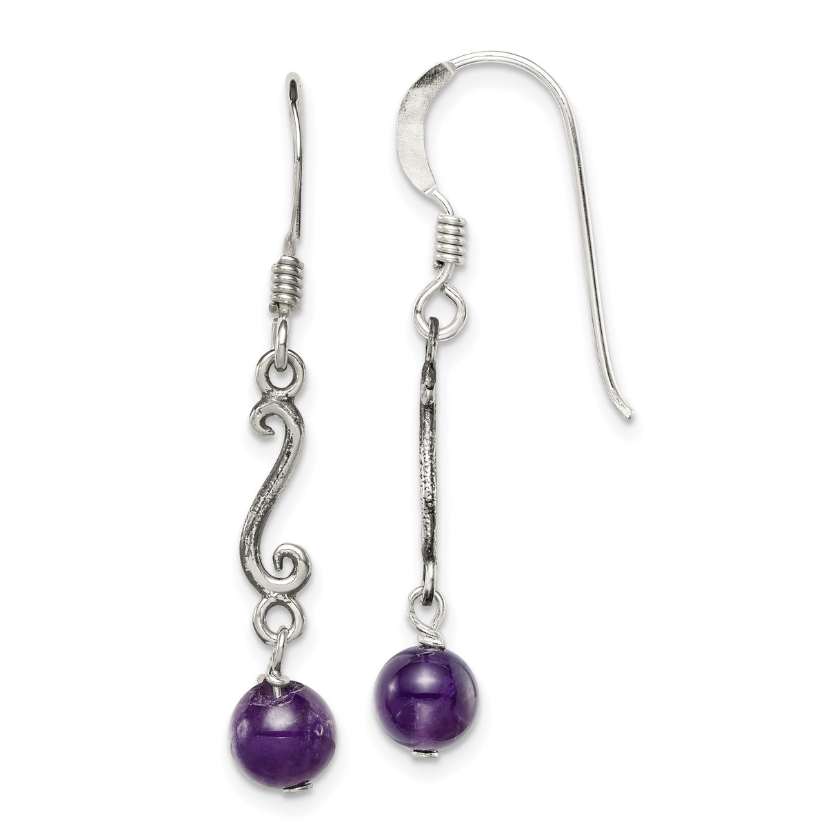 Sterling Silver Dangle Earrings with Amethyst, Swirl and Textured Bar Vintage Design