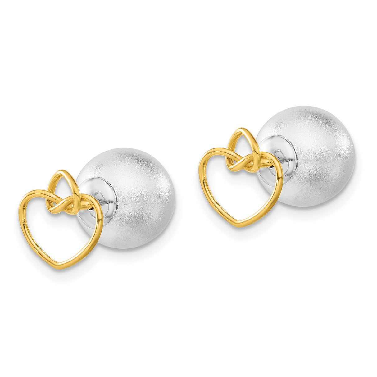 Sterling Silver Stud Earrings with Matte Bead, 14K Yellow Gold Heart and Knot Design