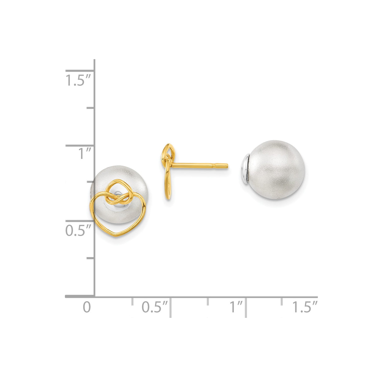 Sterling Silver Stud Earrings with Matte Bead, 14K Yellow Gold Heart and Knot Design