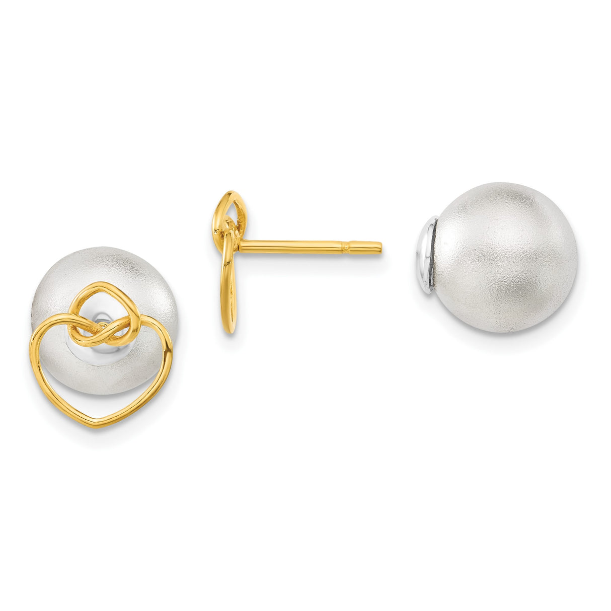 Sterling Silver Stud Earrings with Matte Bead, 14K Yellow Gold Heart and Knot Design