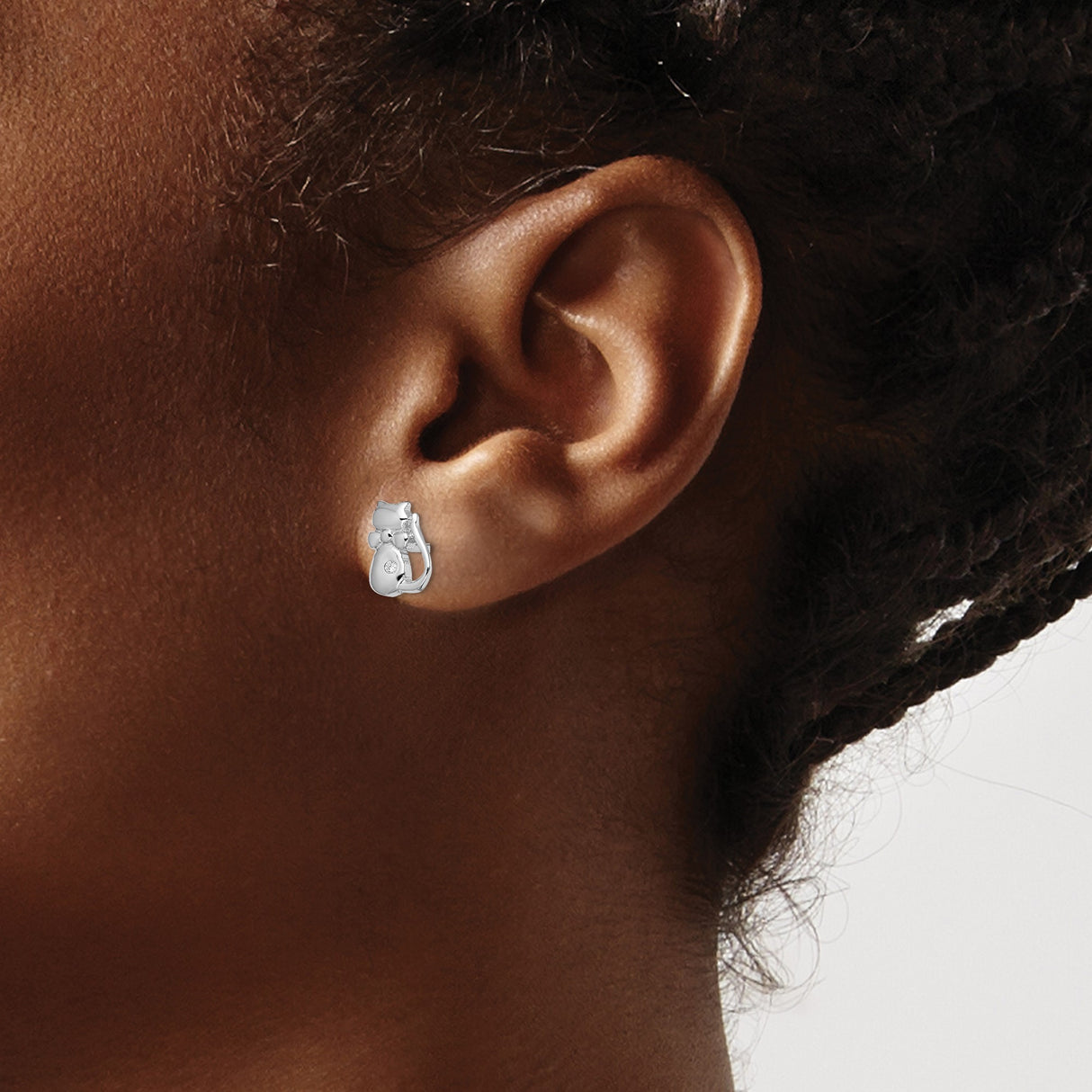 Sterling Silver Cat Shaped Stud Earrings with Cubic Zirconia and Bow Detail