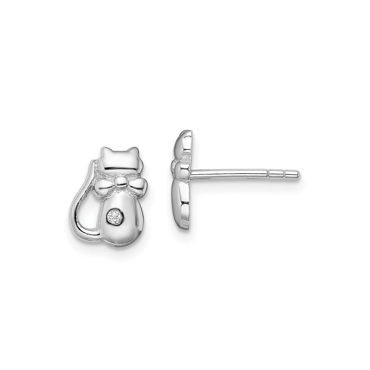 Sterling Silver Cat Shaped Stud Earrings with Cubic Zirconia and Bow Detail