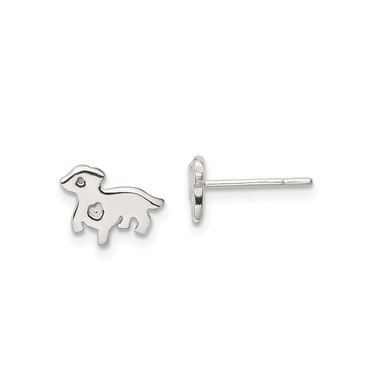 Sterling Silver Dog Shaped Stud Earrings with Heart Detail, Cute Puppy Design for Girls or Women