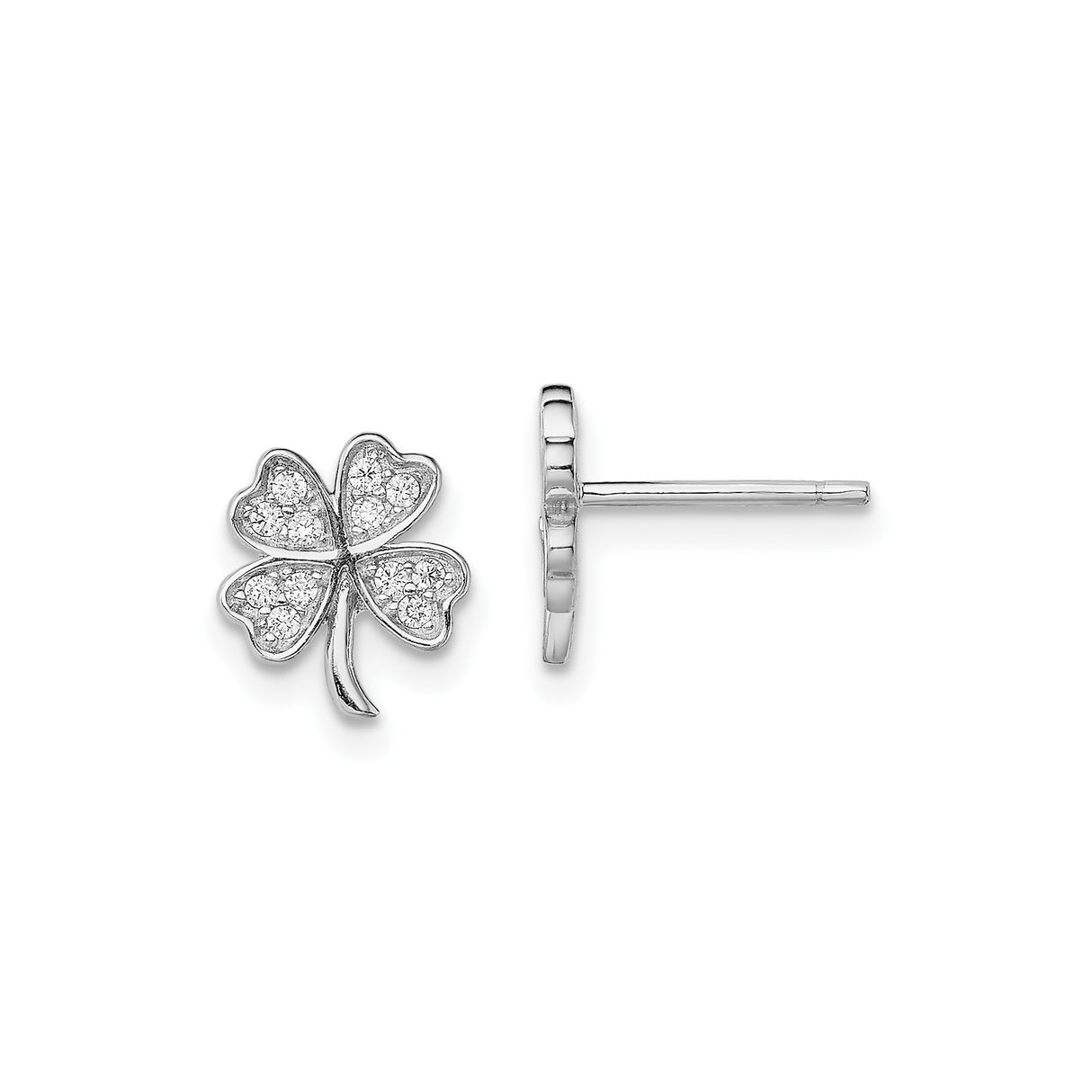 Sterling Silver Stud Earrings with Cubic Zirconia, Four Leaf Clover Design, Irish Lucky Theme