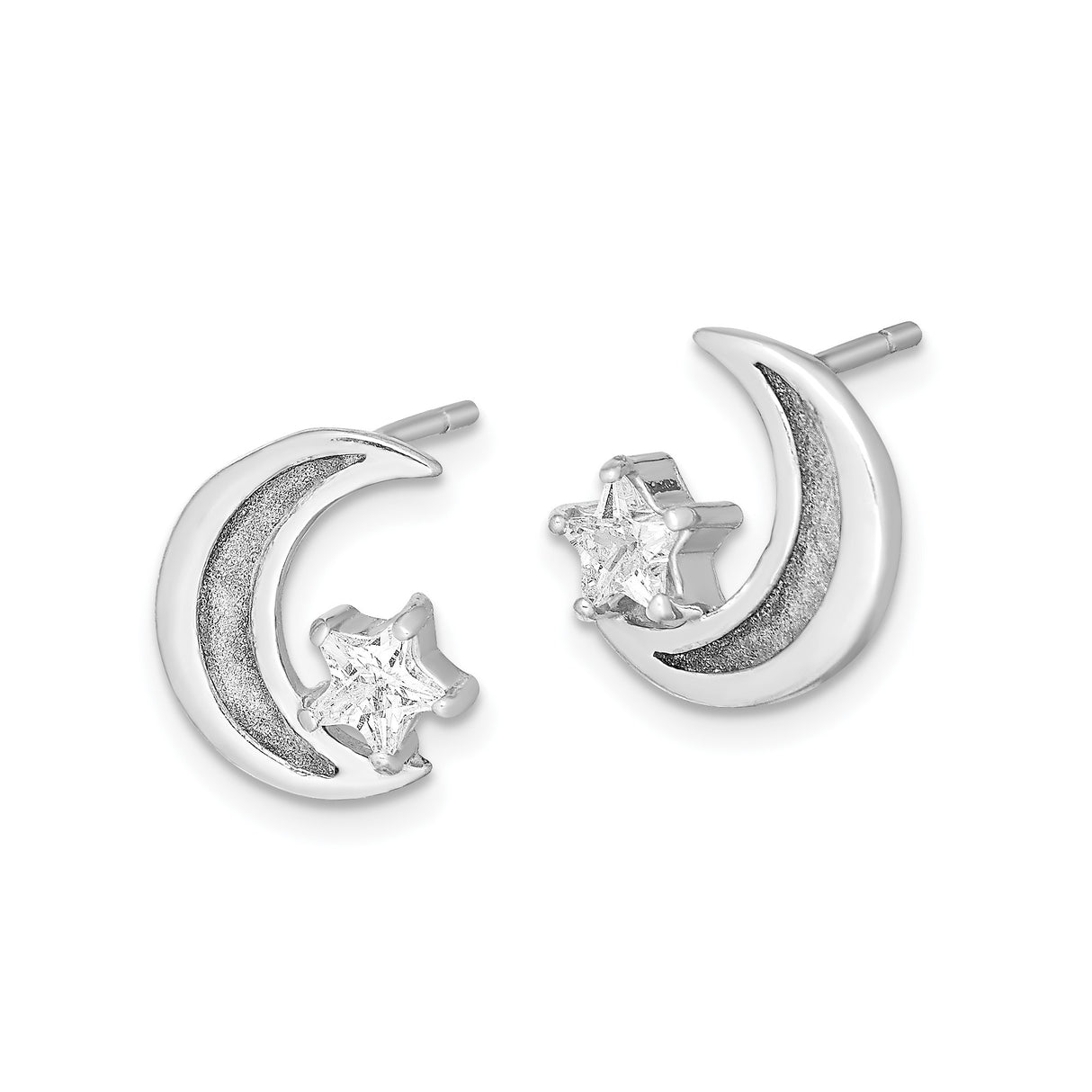 Sterling Silver Moon and Star Stud Earrings with Cubic Zirconia, Crescent Celestial Design