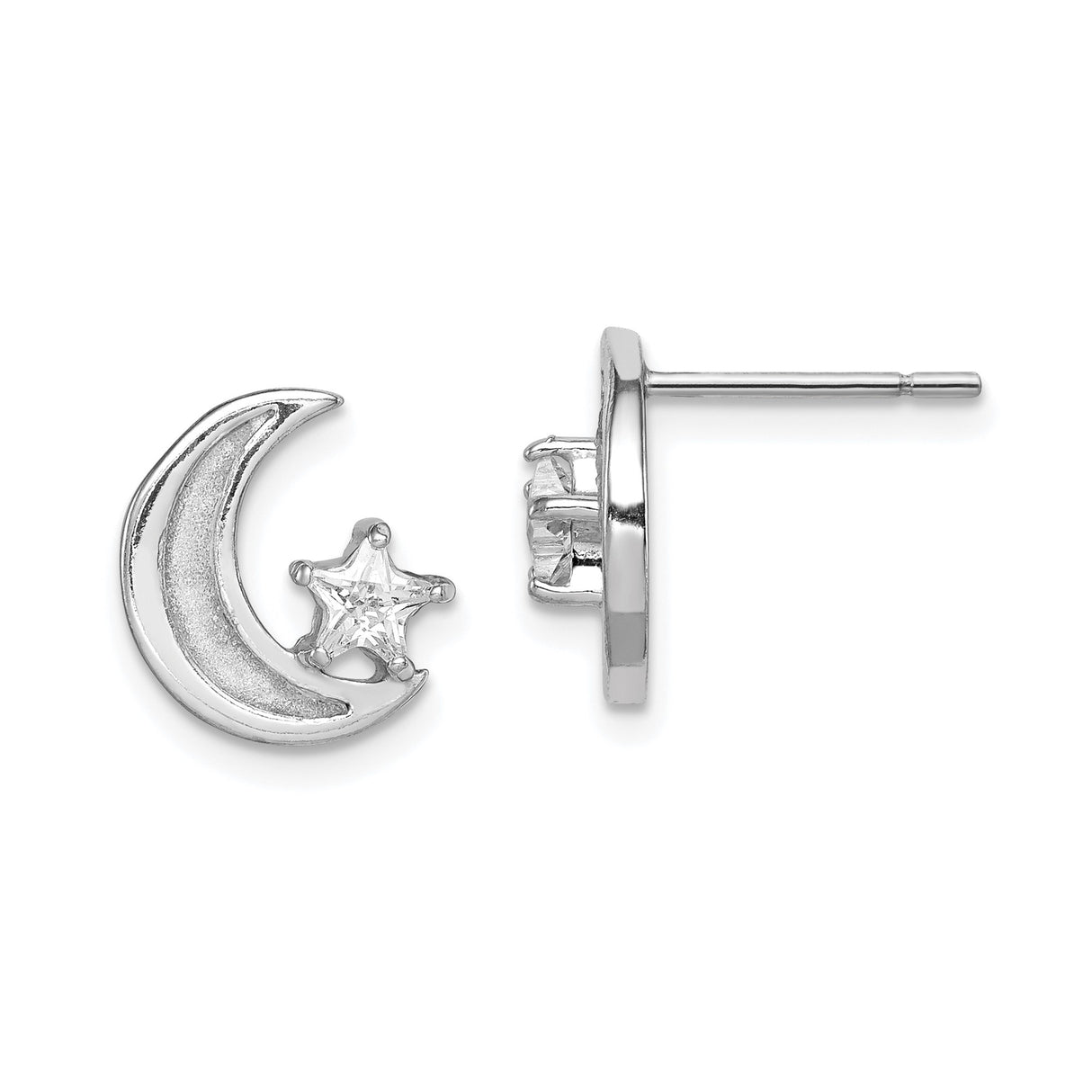 Sterling Silver Moon and Star Stud Earrings with Cubic Zirconia, Crescent Celestial Design