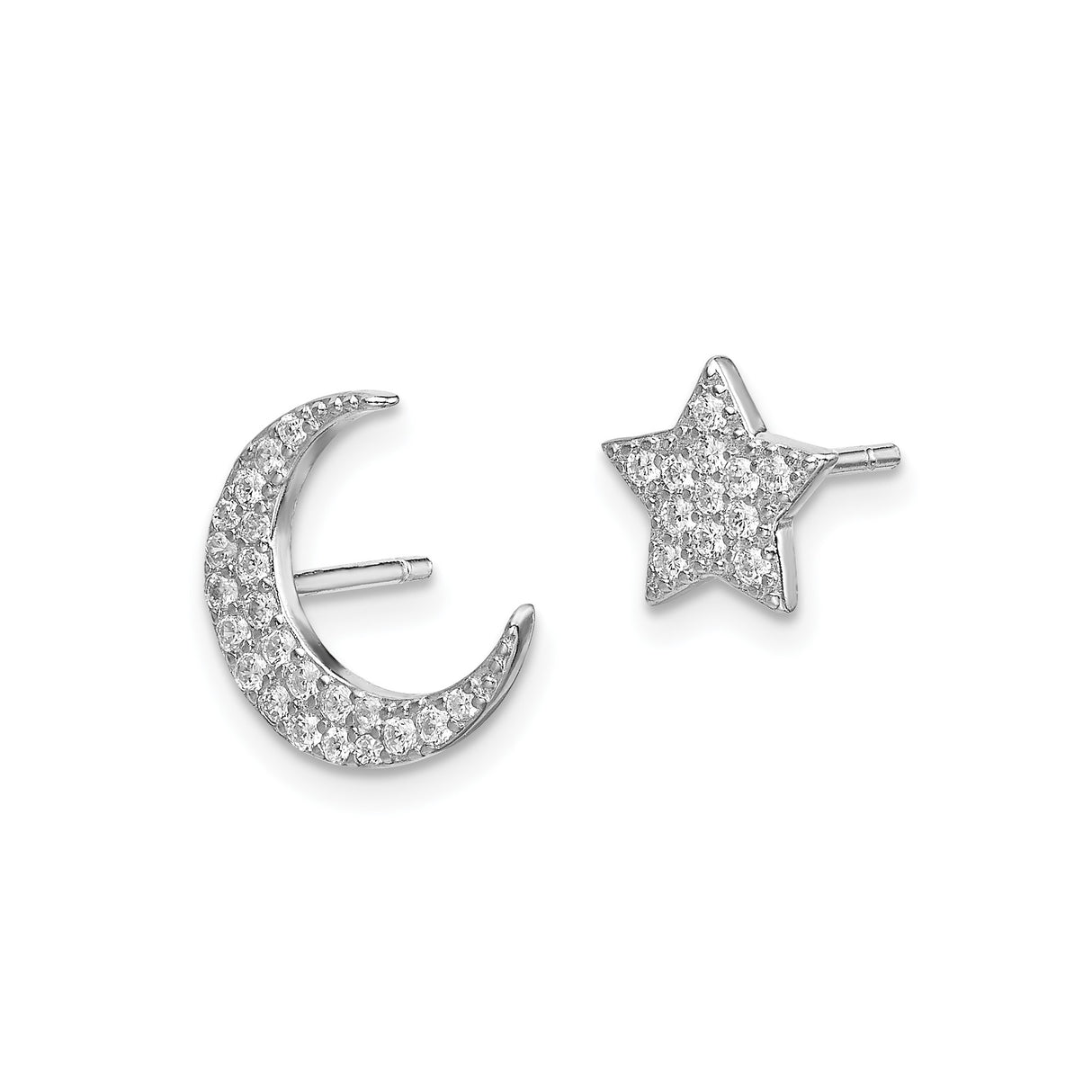 Sterling Silver Stud Earrings with Cubic Zirconia Moon and Star Design, Bohemian Celestial Style