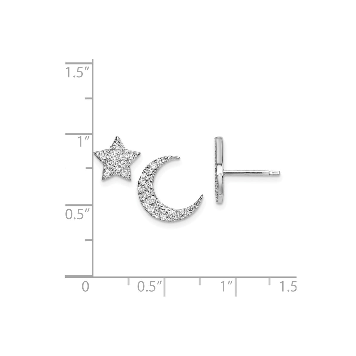Sterling Silver Stud Earrings with Cubic Zirconia Moon and Star Design, Bohemian Celestial Style