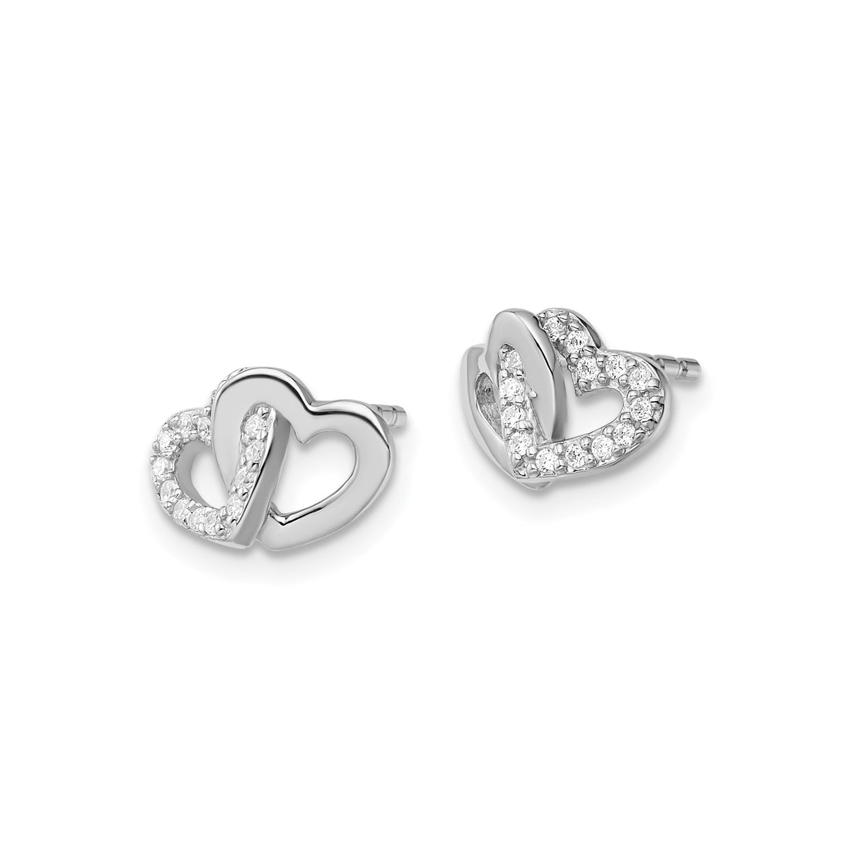 Sterling Silver Double Heart Stud Earrings with Cubic Zirconia Accents
