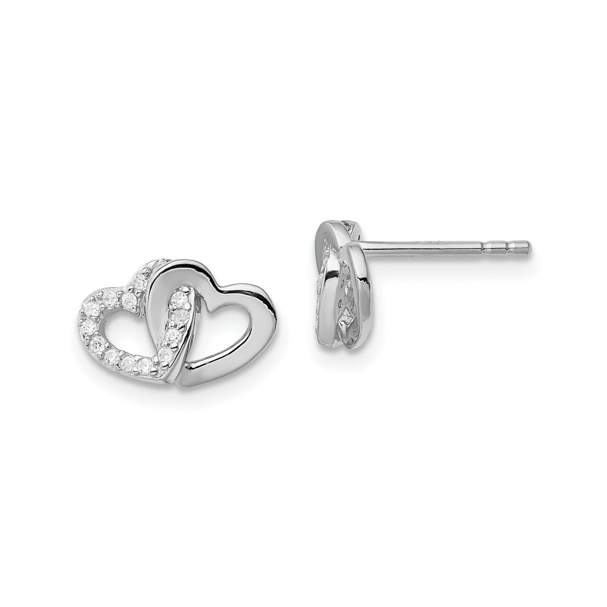 Sterling Silver Double Heart Stud Earrings with Cubic Zirconia Accents