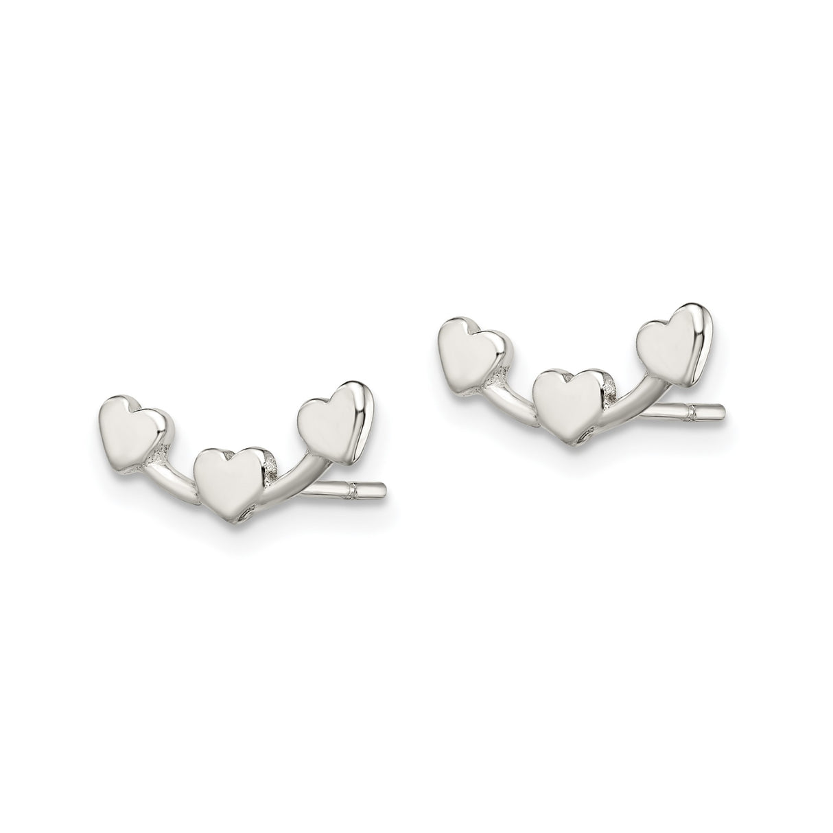 Sterling Silver Heart Ear Climber Earrings with Three Polished Hearts, Minimalist Design for Women