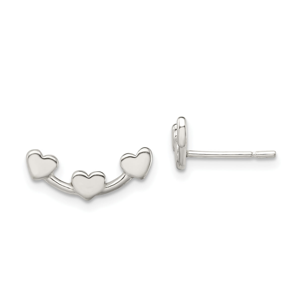 Sterling Silver Heart Ear Climber Earrings with Three Polished Hearts, Minimalist Design for Women