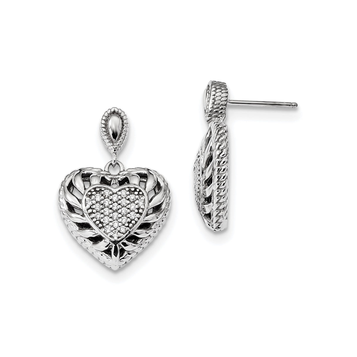 Sterling Silver Heart Shaped Dangle Earrings with Cubic Zirconia and Lattice Design