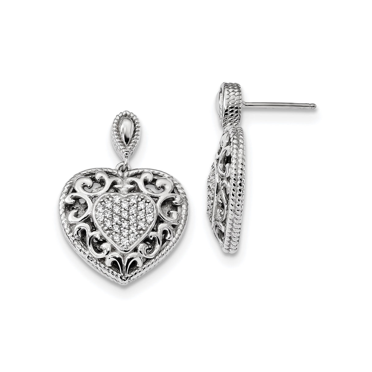 Sterling Silver Heart Earrings with Cubic Zirconia, Filigree Design, Romantic Drop Style