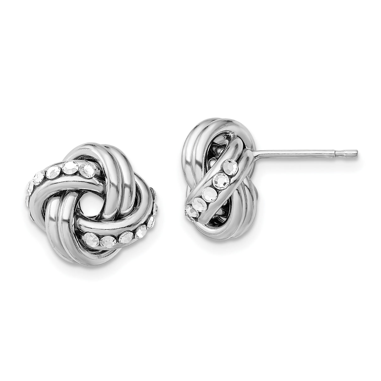 Sterling Silver Love Knot Stud Earrings with Clear Crystal Accents, Interwoven Loop Design