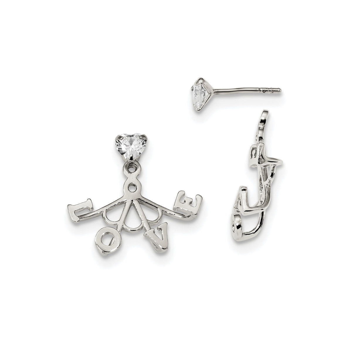 Sterling Silver Heart Dangle Stud Earrings with Cubic Zirconia and LOVE Script Design
