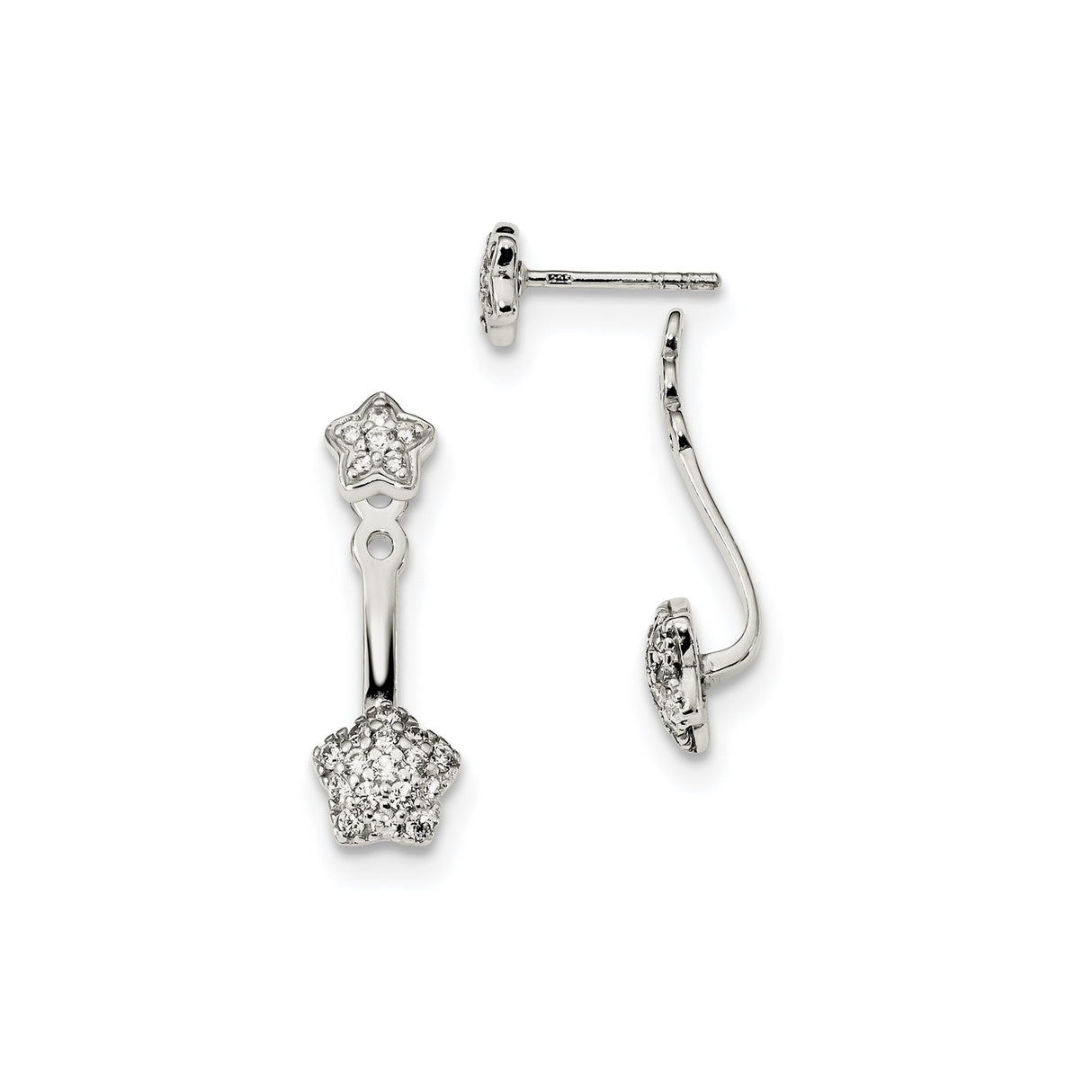 Sterling Silver Star Earrings with Cubic Zirconia, Double Star Jacket Design, Removable Studs