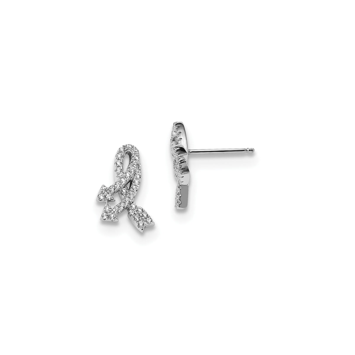 Sterling Silver Awareness Ribbon Stud Earrings with Clear Cubic Zirconia