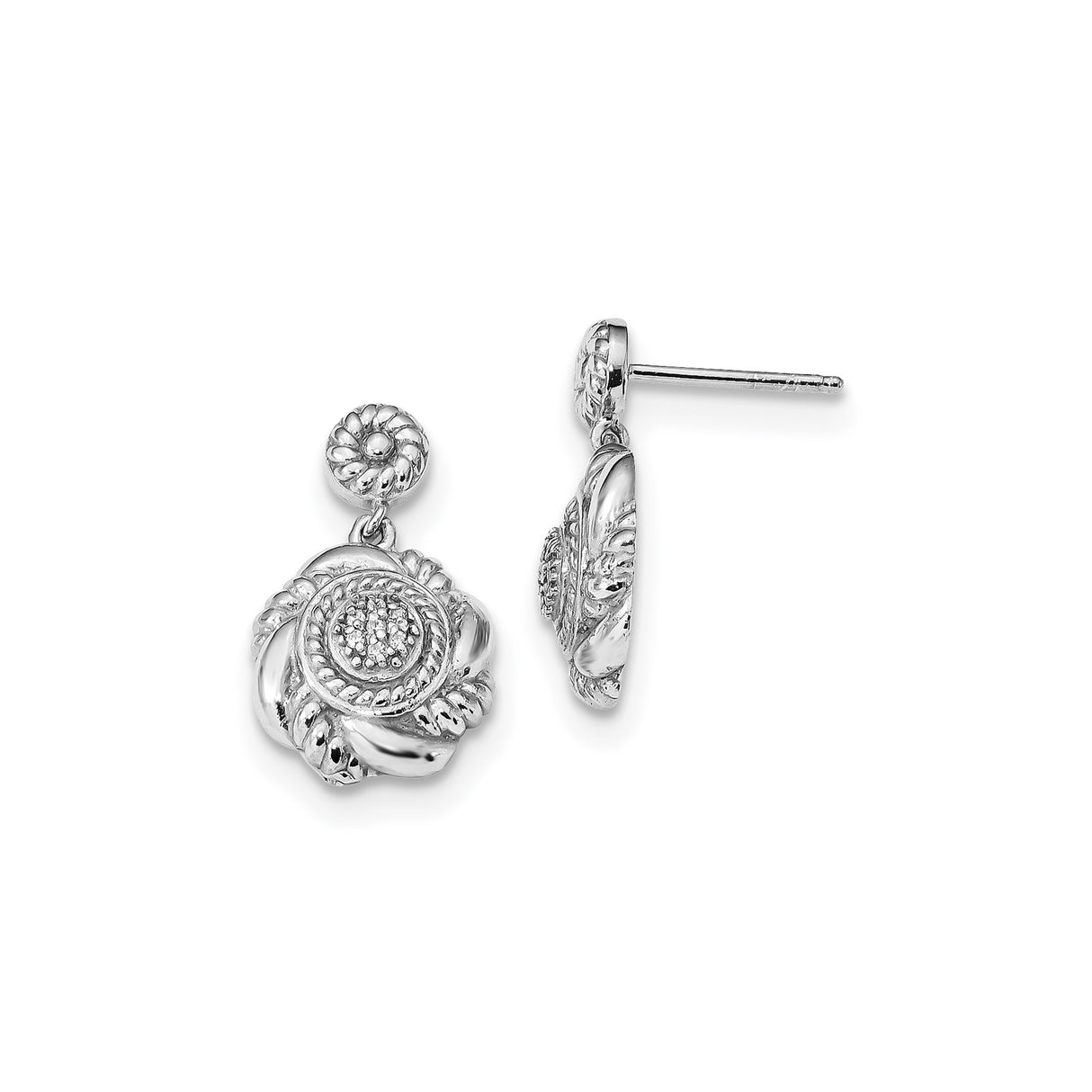 Sterling Silver Floral Drop Earrings with Cubic Zirconia and Textured Rose Design