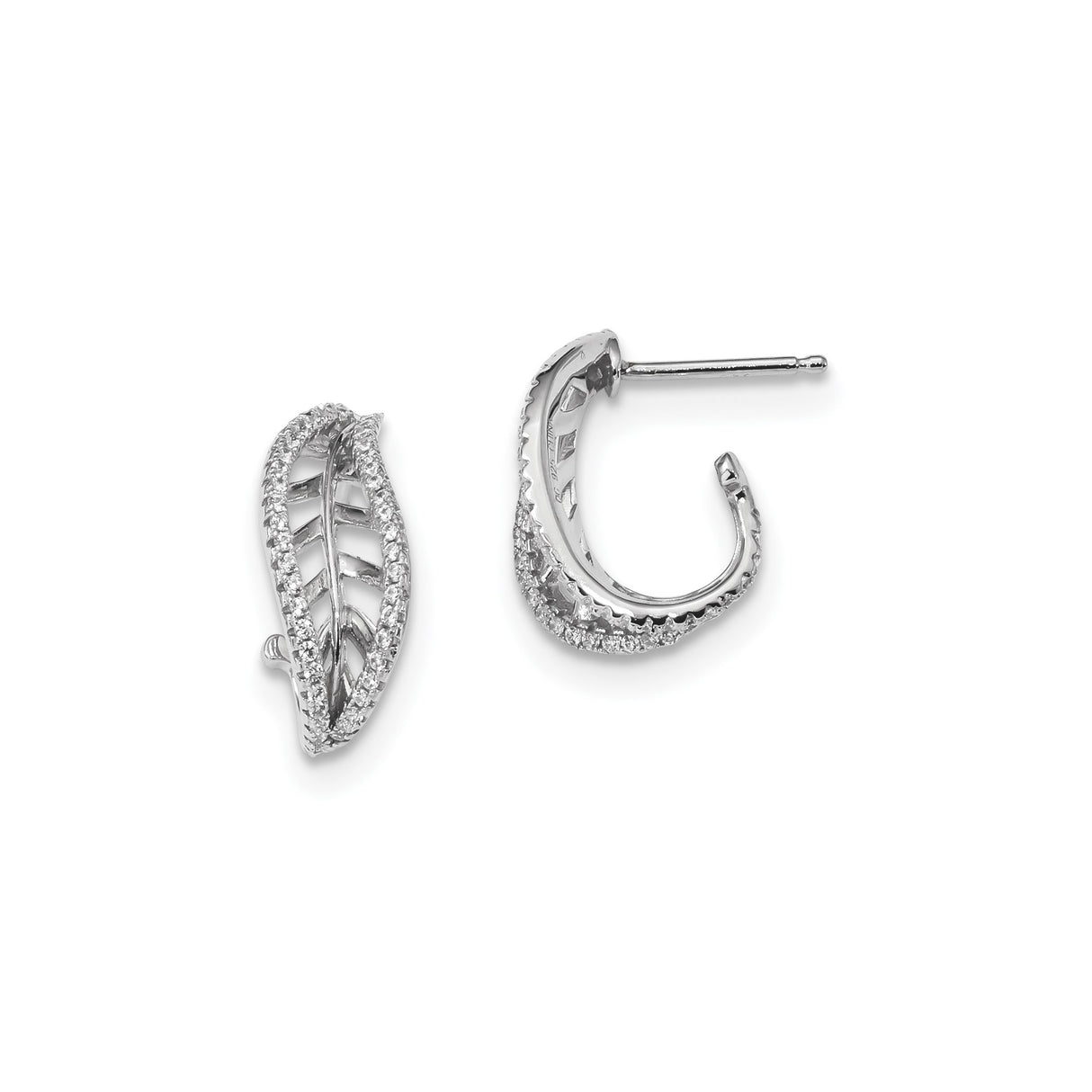 Sterling Silver Leaf Shaped Hoop Earrings with Cubic Zirconia, Openwork Botanical Design