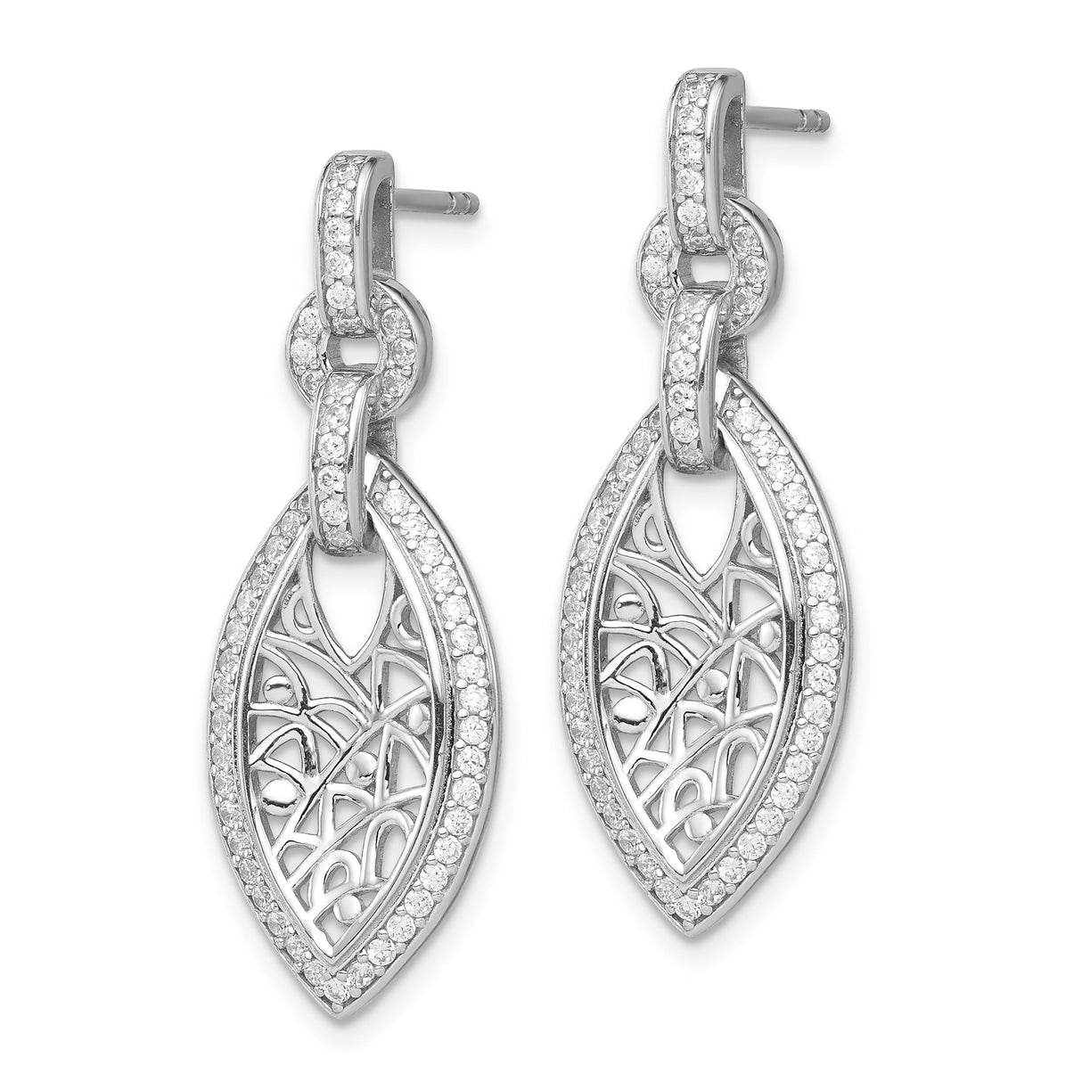 Sterling Silver Drop Earrings with Cubic Zirconia, Marquise Filigree Design, Vintage Style