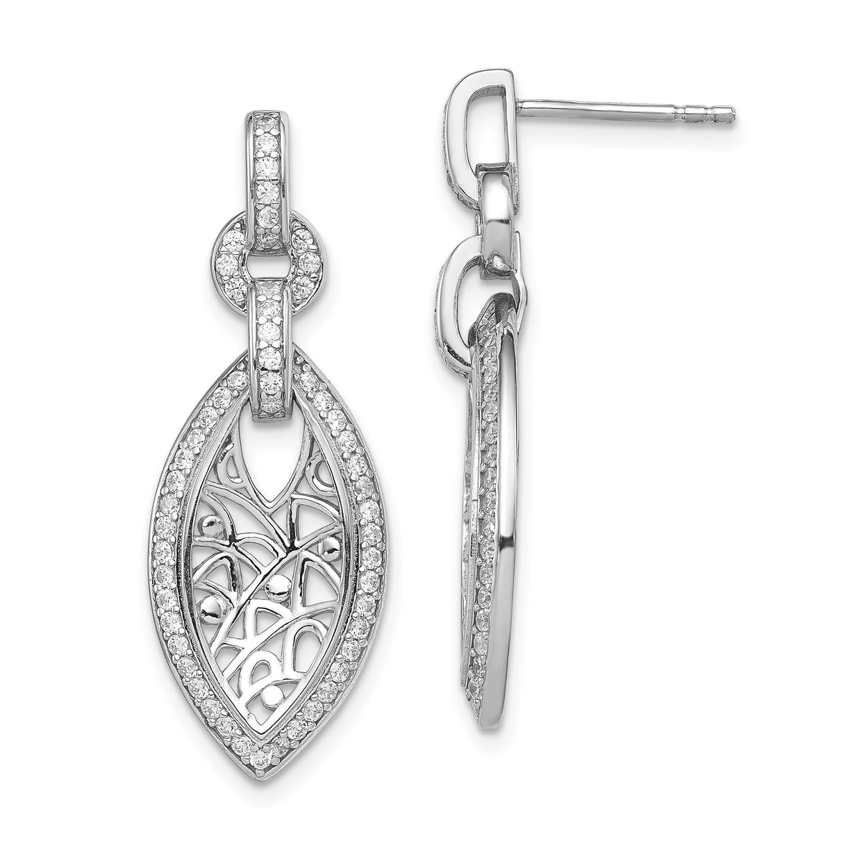 Sterling Silver Drop Earrings with Cubic Zirconia, Marquise Filigree Design, Vintage Style