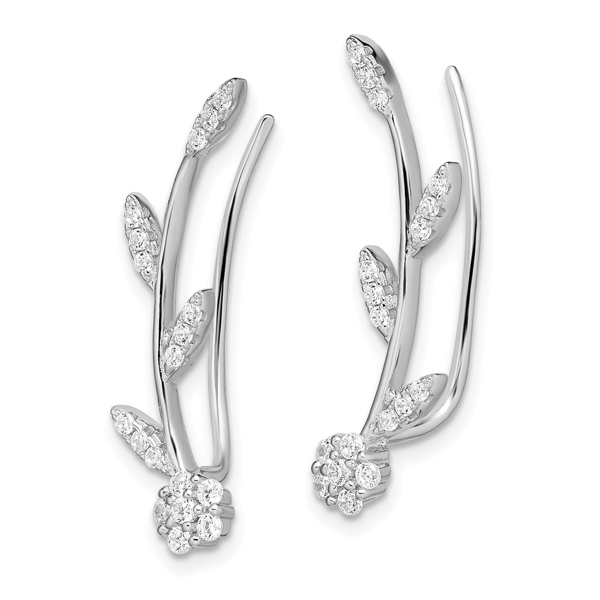 Sterling Silver Ear Climbers with Cubic Zirconia, Floral Vine and Leaf Design for Women