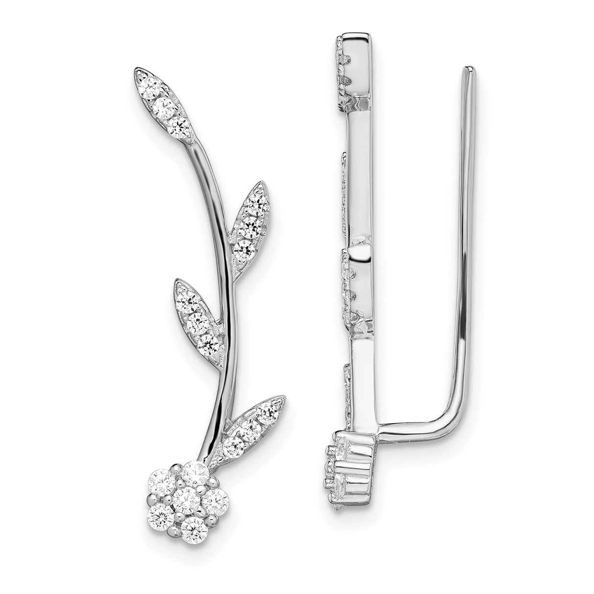 Sterling Silver Ear Climbers with Cubic Zirconia, Floral Vine and Leaf Design for Women