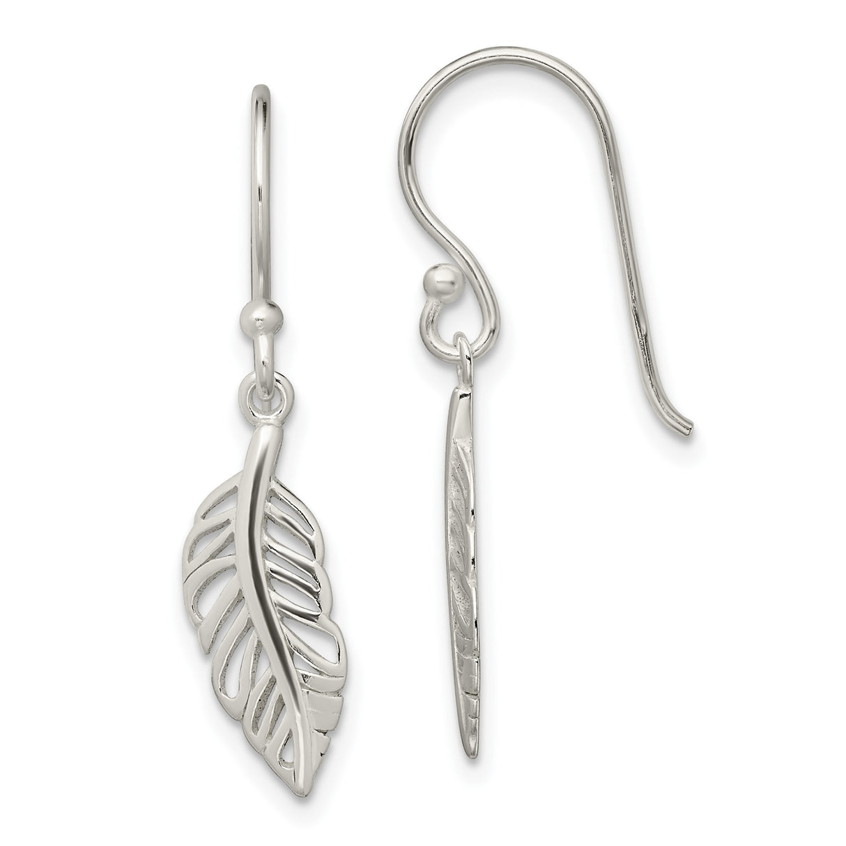 Sterling Silver Feather Dangle Earrings, Open Cut Leaf Design, Boho Style for Women