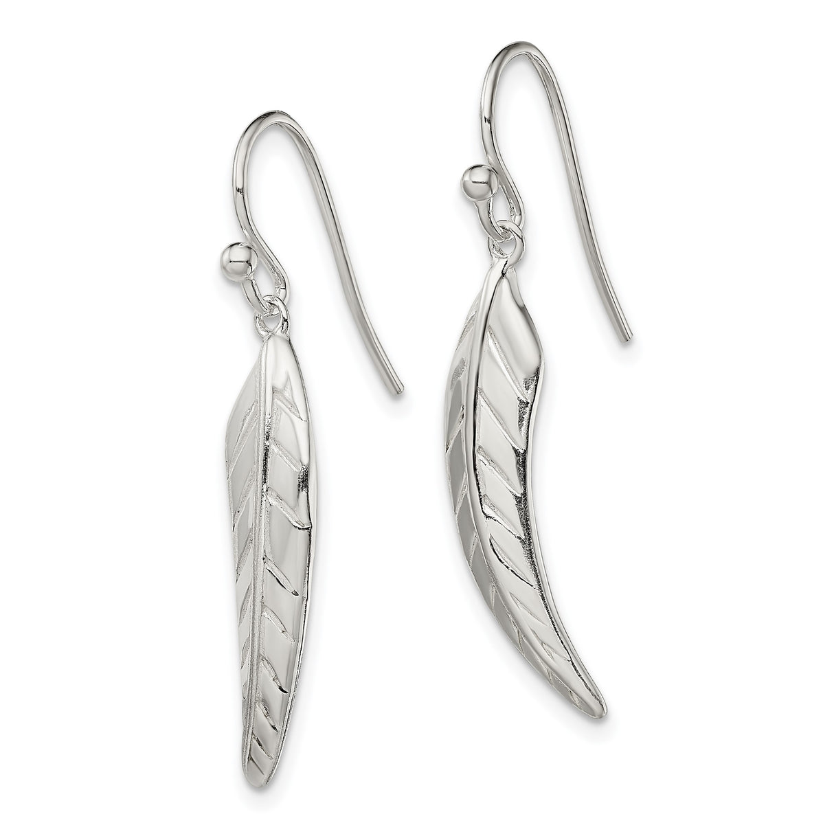 Sterling Silver Feather Drop Earrings with Polished Leaf Design for Women