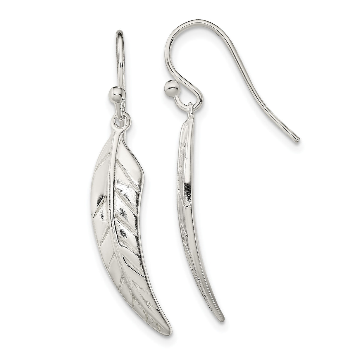 Sterling Silver Feather Drop Earrings with Polished Leaf Design for Women