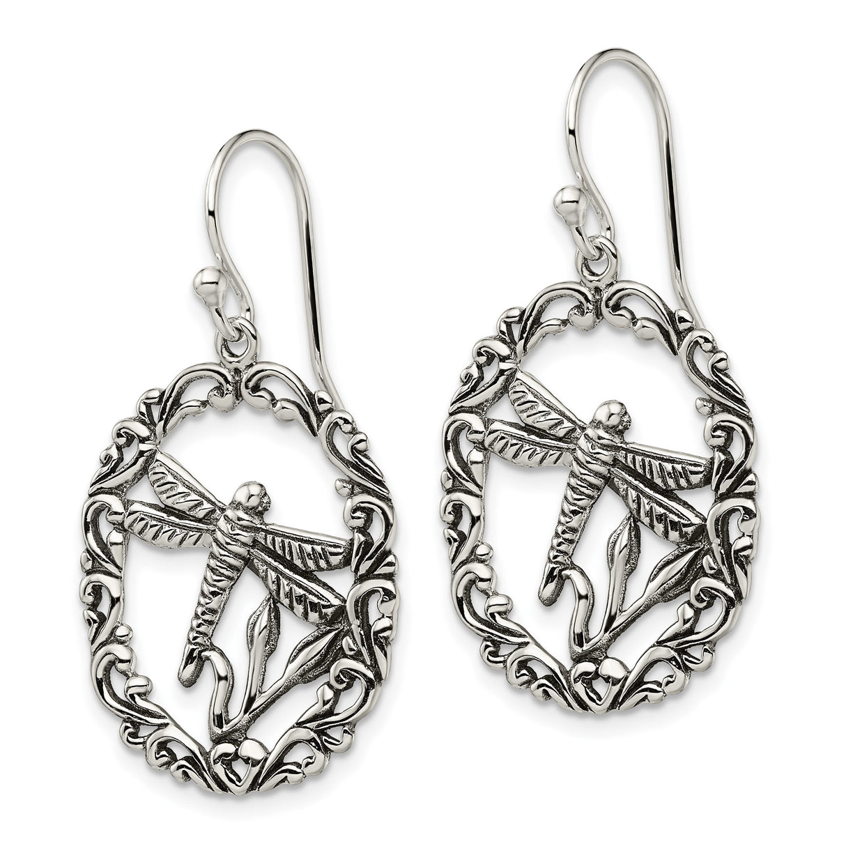 Sterling Silver Dragonfly Dangle Earrings with Ornate Oval Frame, Nature Inspired Boho Design