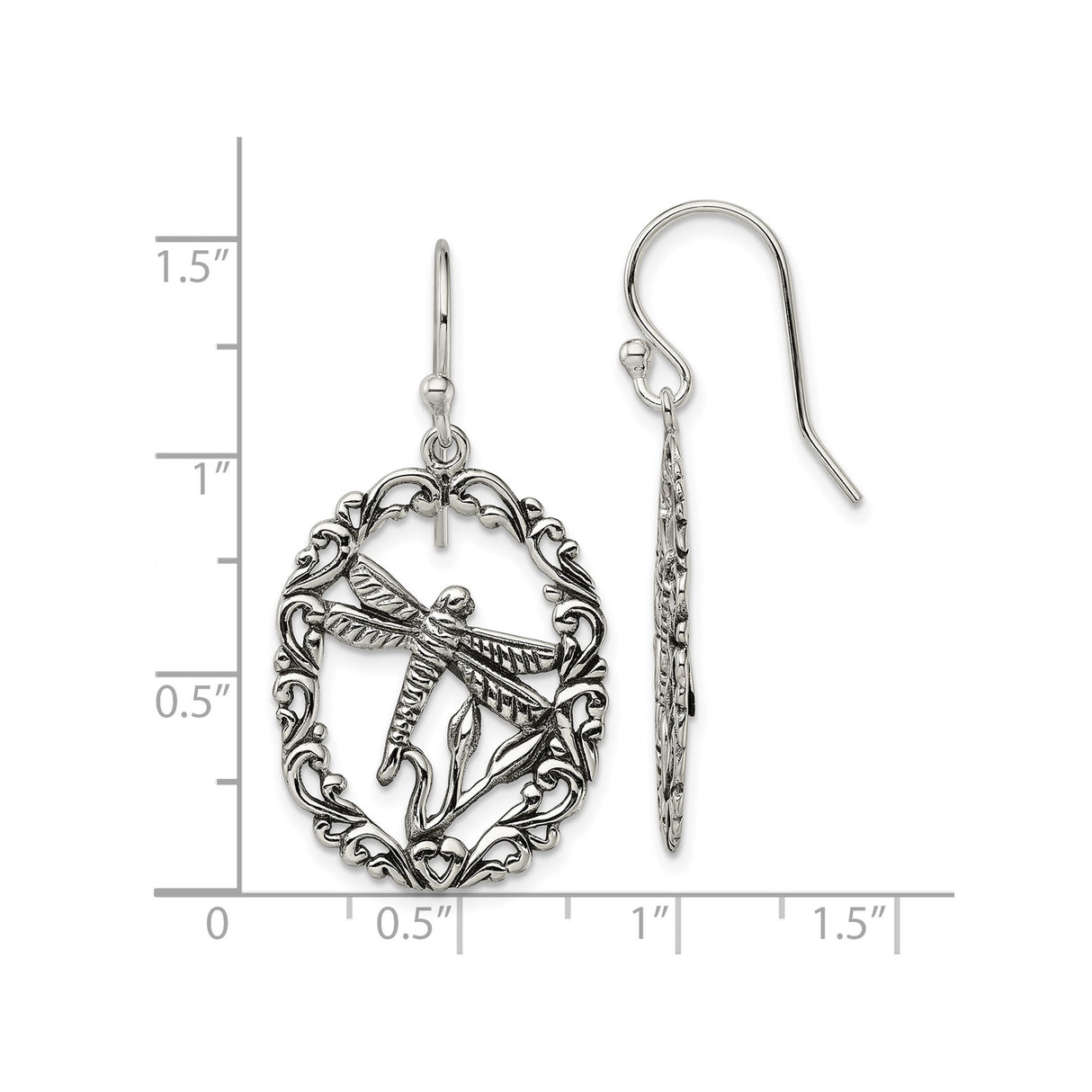 Sterling Silver Dragonfly Dangle Earrings with Ornate Oval Frame, Nature Inspired Boho Design