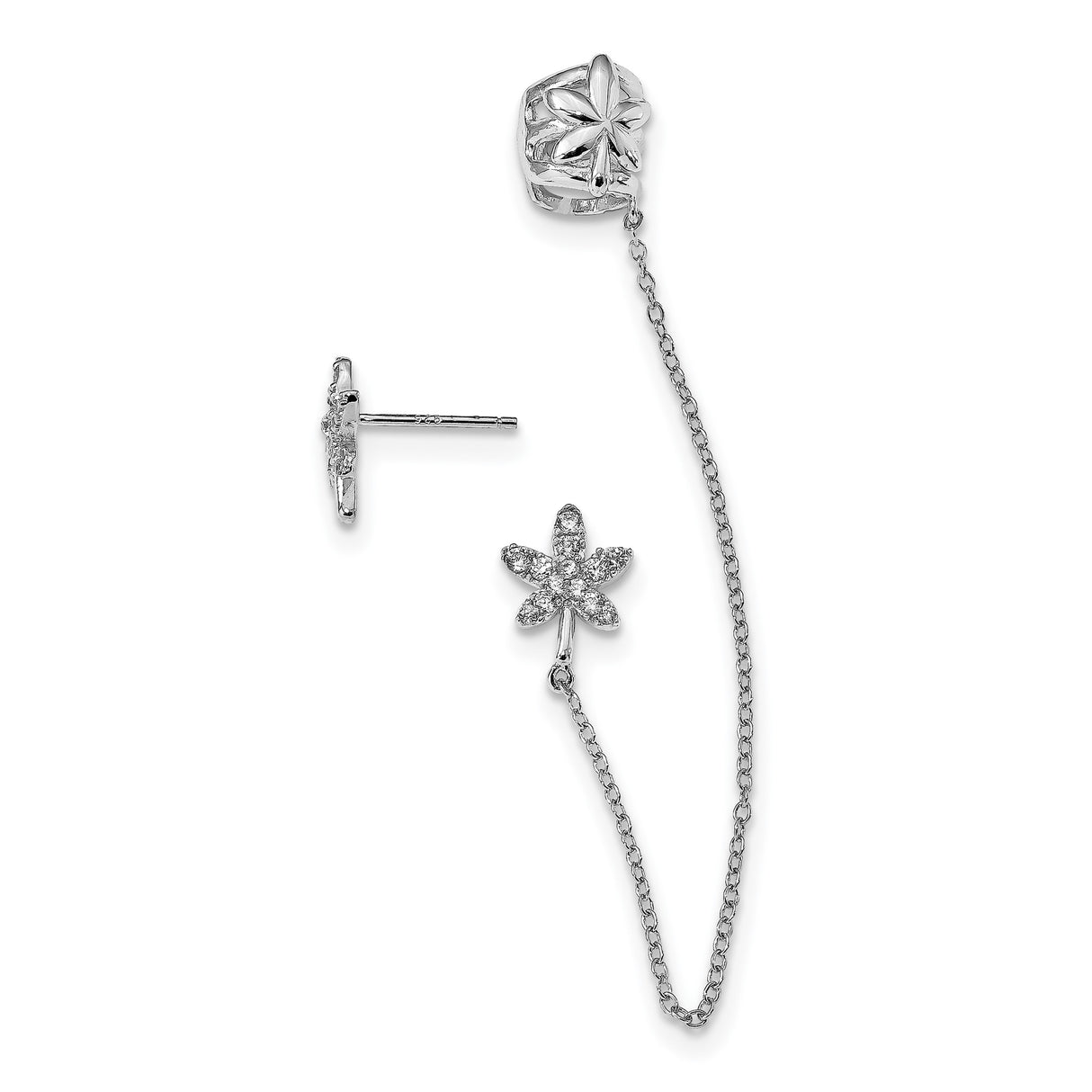 Sterling Silver Cuff and Stud Earring Set with Cubic Zirconia, Chain Linked Floral Design