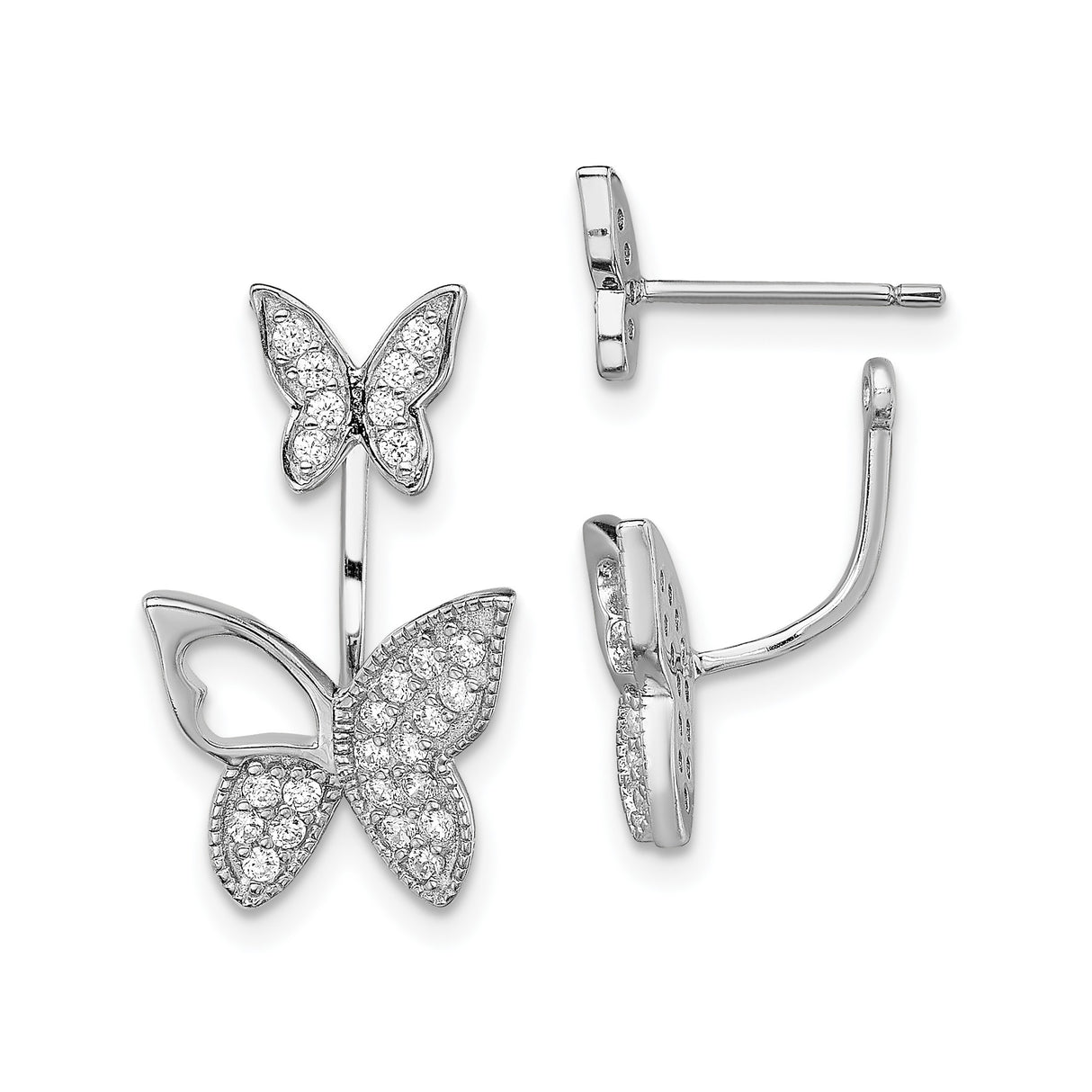 Sterling Silver Butterfly Jacket Earrings with Cubic Zirconia and Heart Cutout Wings