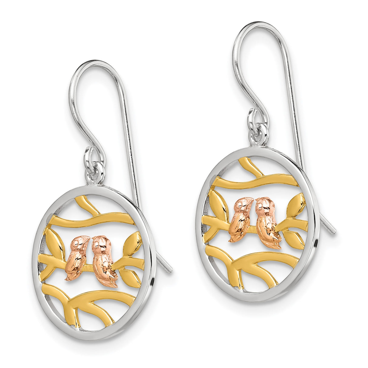 Sterling Silver Dangle Earrings with Openwork Round Design and Rose Gold Birds on Gold Branches