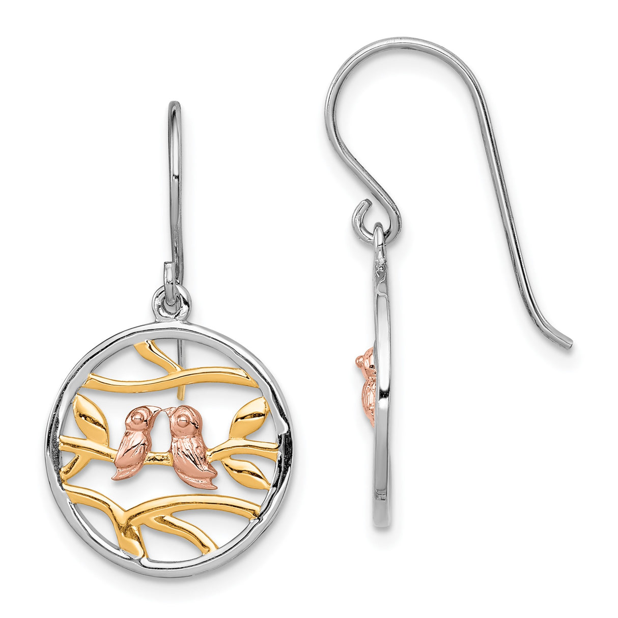 Sterling Silver Dangle Earrings with Openwork Round Design and Rose Gold Birds on Gold Branches